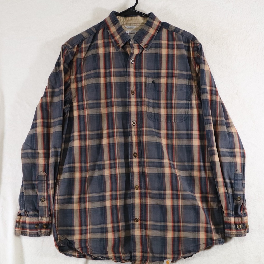 Carhartt Men's M Relaxed Fit Plaid Shirt Blue Button Front Long Sleeve Workwear